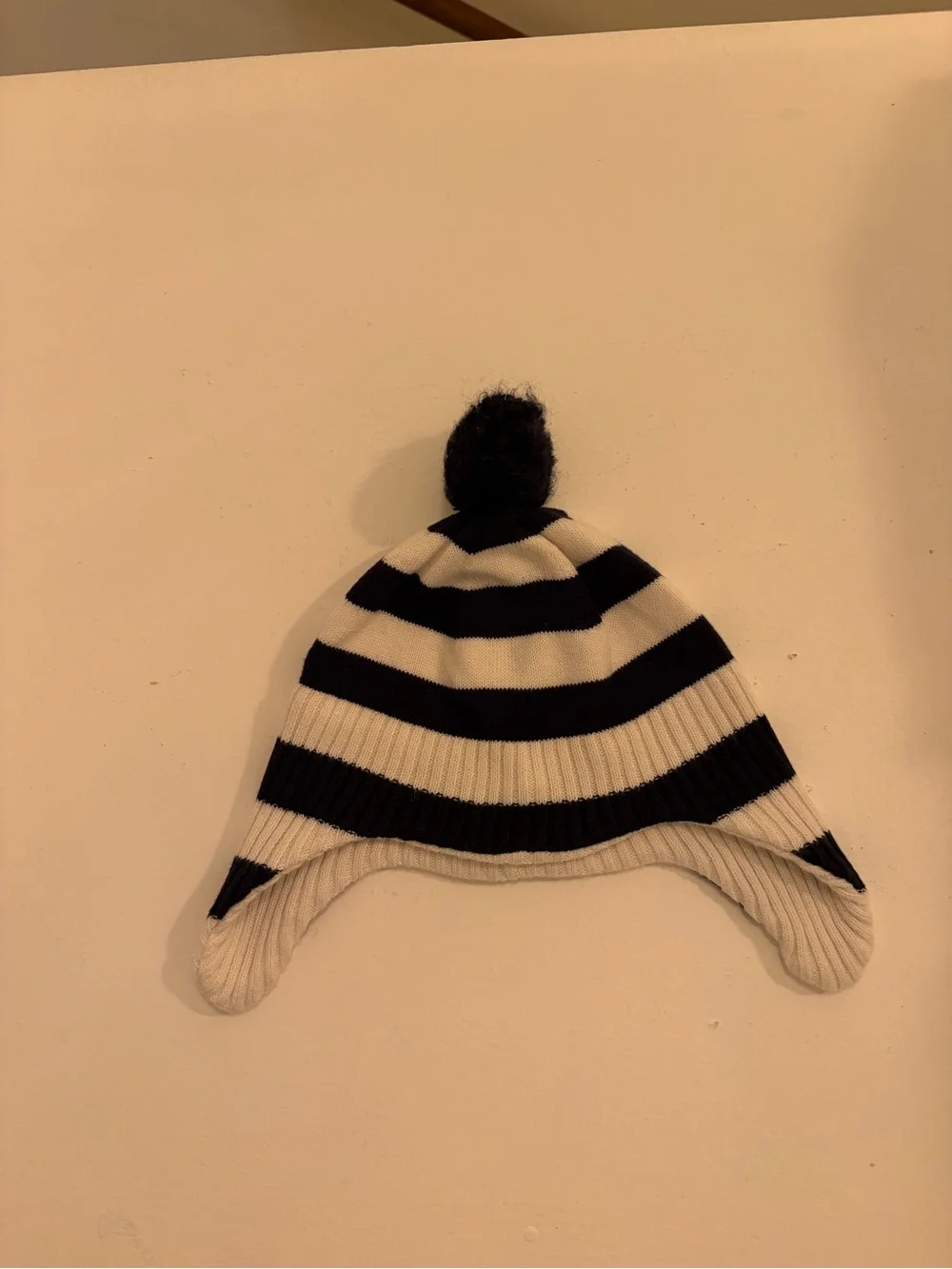 Vintage Navy and Cream Striped Earflap Baby Hat with Pom